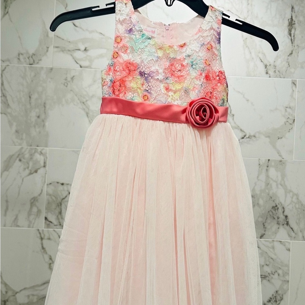 Bonnie Jean Floral Lace Dress with Pink Tulle Skirt